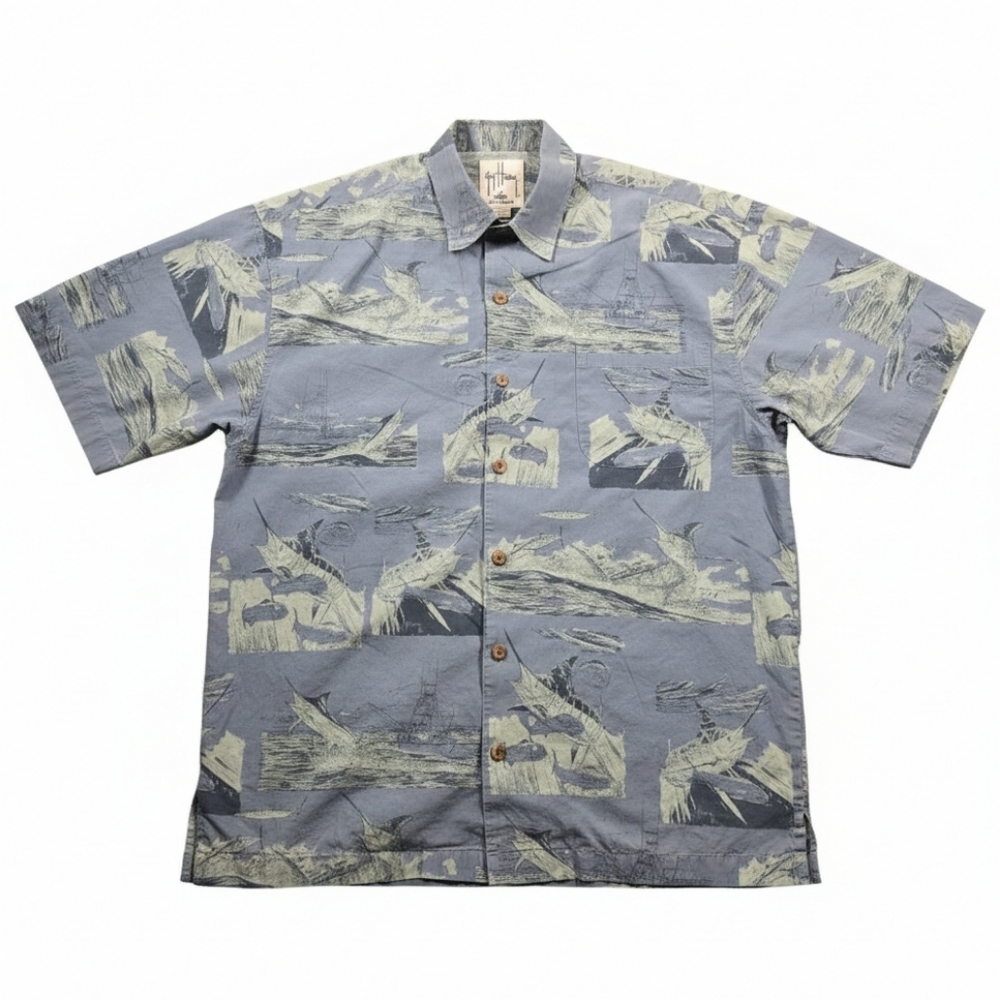 Guy Harvey AFTCO Bluewater Marlin Fishing Shirt Blue Cotton Button Up Size M